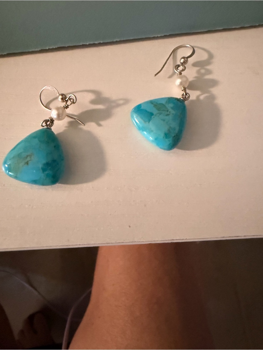 Turquoise Triangle Drop Earrings with Pearl Accent